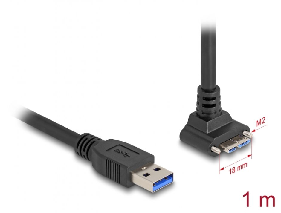 Imagine Cablu USB 3.2-A la micro USB unghi 90 grade sus + suruburi T-T 1m, Delock 80483